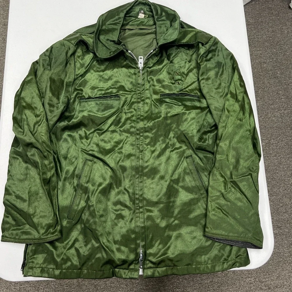 70s/80s Satin Utility Jacket Mens L Green Vintage Zip Up Bomber Side Vents